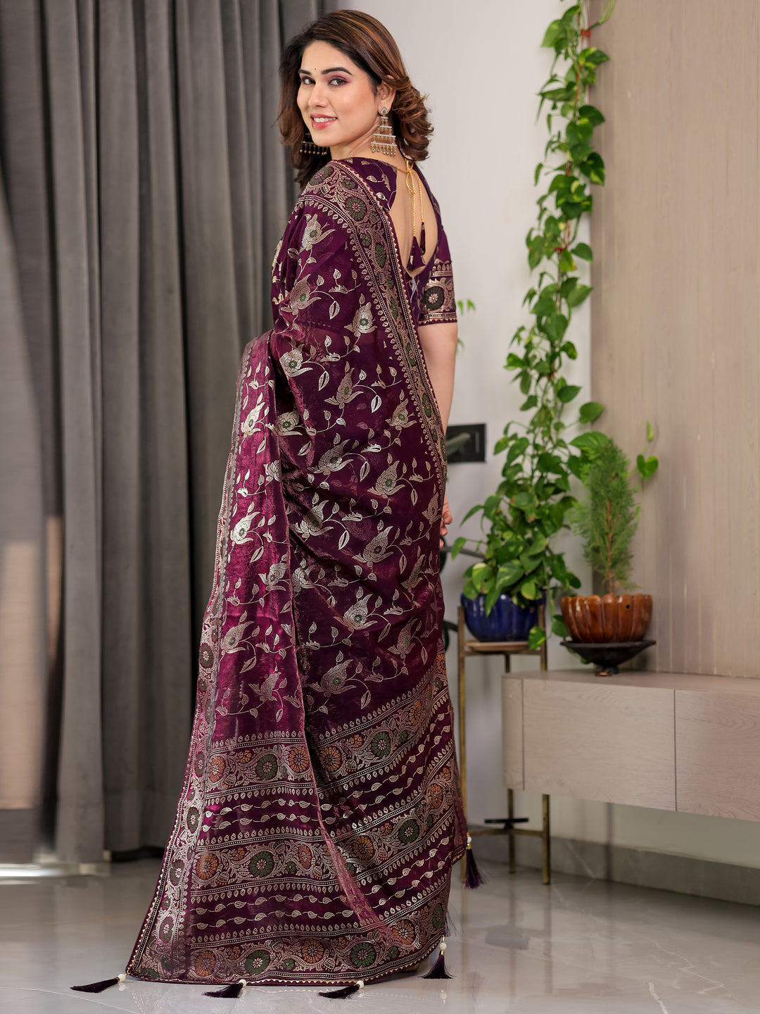 Plum Purple Fendi Satin Floral Block & Foil Printed Saree with Ornamental Border, Tassel Edges & Attached Blouse