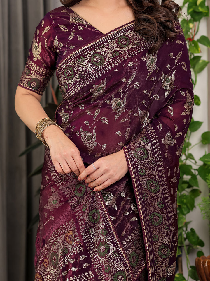 Plum Purple Fendi Satin Floral Block & Foil Printed Saree with Ornamental Border, Tassel Edges & Attached Blouse
