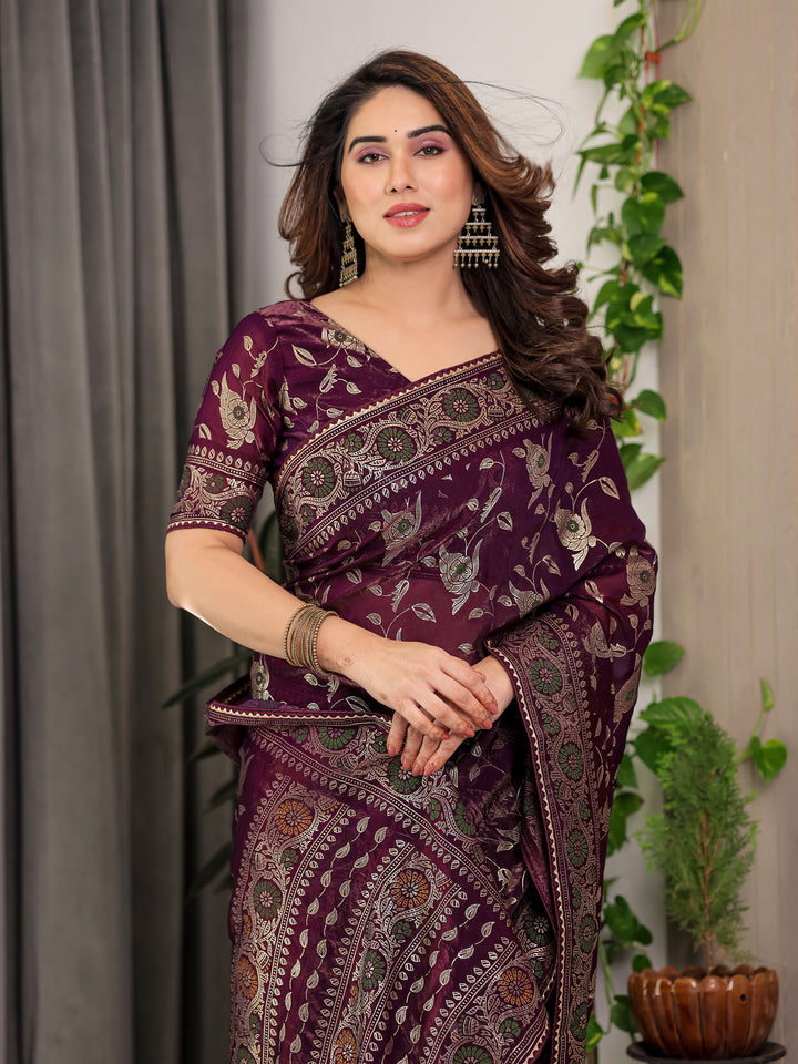 Plum Purple Fendi Satin Floral Block & Foil Printed Saree with Ornamental Border, Tassel Edges & Attached Blouse