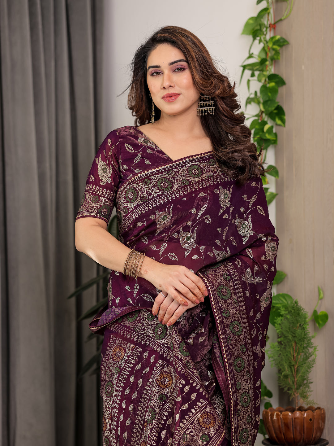Plum Purple Fendi Satin Floral Block & Foil Printed Saree with Ornamental Border, Tassel Edges & Attached Blouse