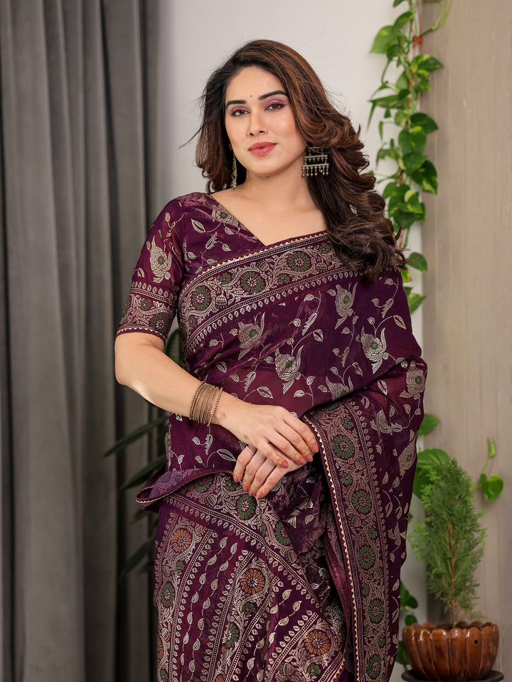 Plum Purple Fendi Satin Floral Block & Foil Printed Saree with Ornamental Border, Tassel Edges & Attached Blouse