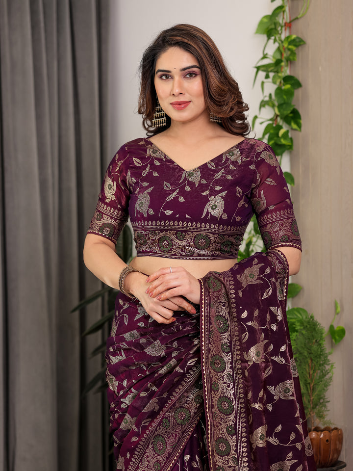 Plum Purple Fendi Satin Floral Block & Foil Printed Saree with Ornamental Border, Tassel Edges & Attached Blouse