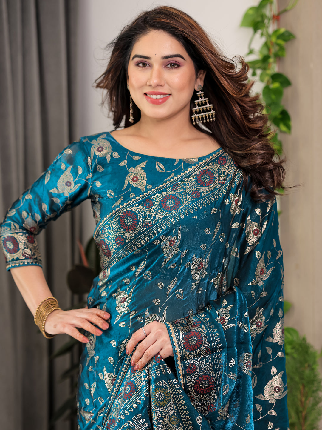 Peacock Blue Fendi Satin Floral Block & Foil Printed Saree with Ornamental Border, Tassel Edges & Attached Blouse