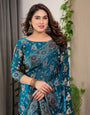 Peacock Blue Fendi Satin Floral Block & Foil Printed Saree with Ornamental Border, Tassel Edges & Attached Blouse