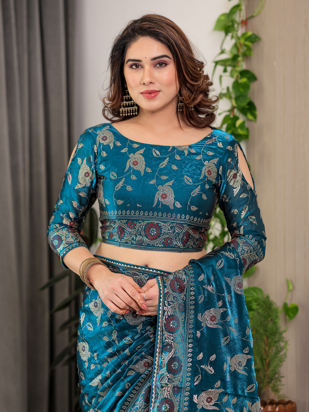 Peacock Blue Fendi Satin Floral Block & Foil Printed Saree with Ornamental Border, Tassel Edges & Attached Blouse