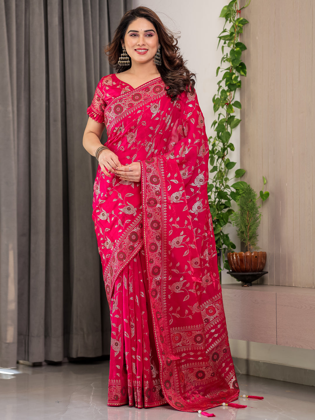 Magenta Pink Fendi Satin Floral Block & Foil Printed Saree with Ornamental Border, Tassel Edges & Attached Blouse