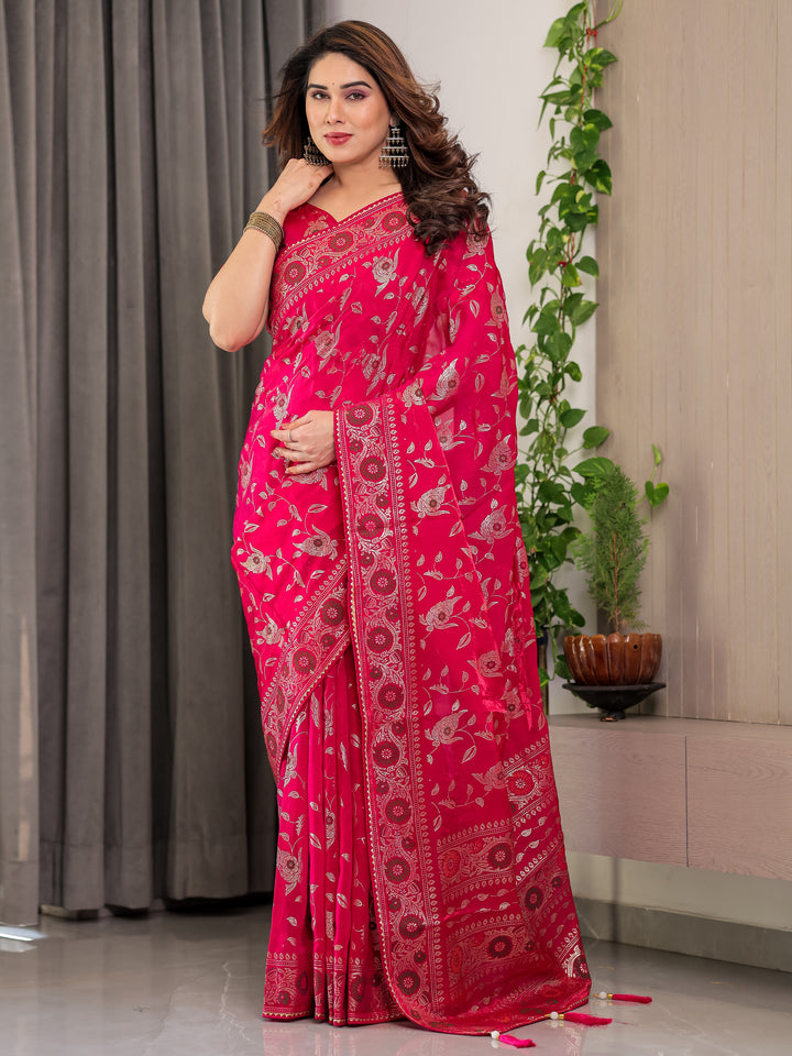 Magenta Pink Fendi Satin Floral Block & Foil Printed Saree with Ornamental Border, Tassel Edges & Attached Blouse