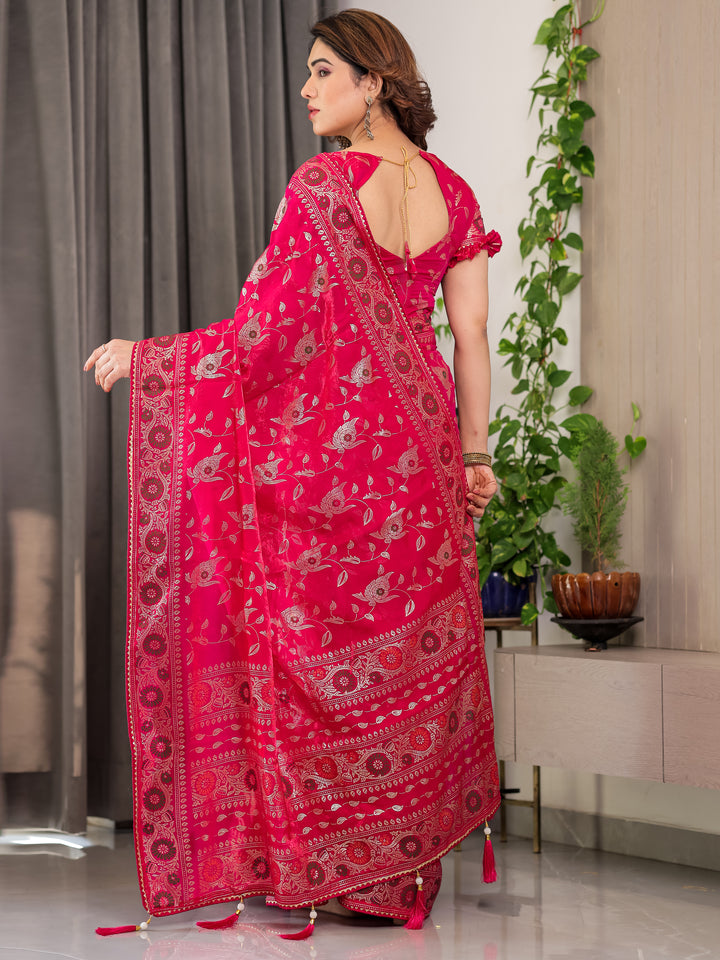 Magenta Pink Fendi Satin Floral Block & Foil Printed Saree with Ornamental Border, Tassel Edges & Attached Blouse