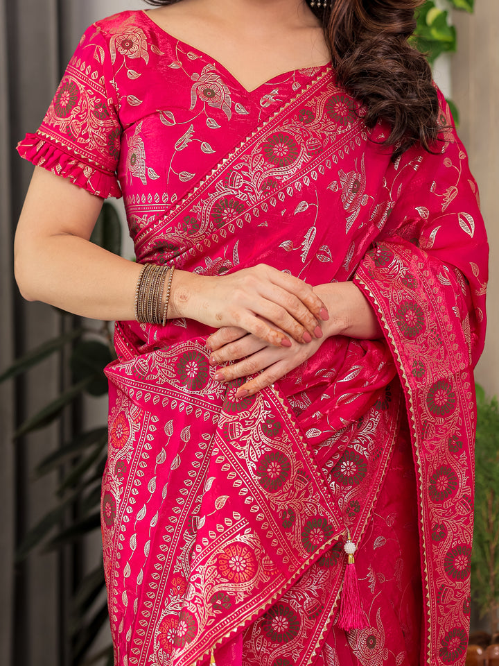 Magenta Pink Fendi Satin Floral Block & Foil Printed Saree with Ornamental Border, Tassel Edges & Attached Blouse