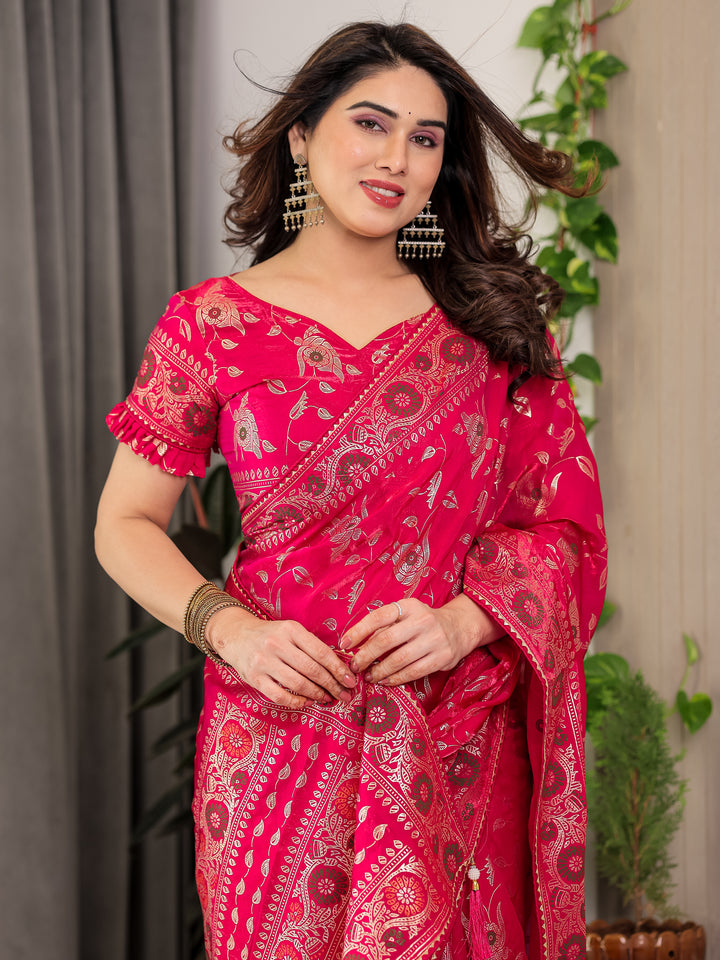 Magenta Pink Fendi Satin Floral Block & Foil Printed Saree with Ornamental Border, Tassel Edges & Attached Blouse