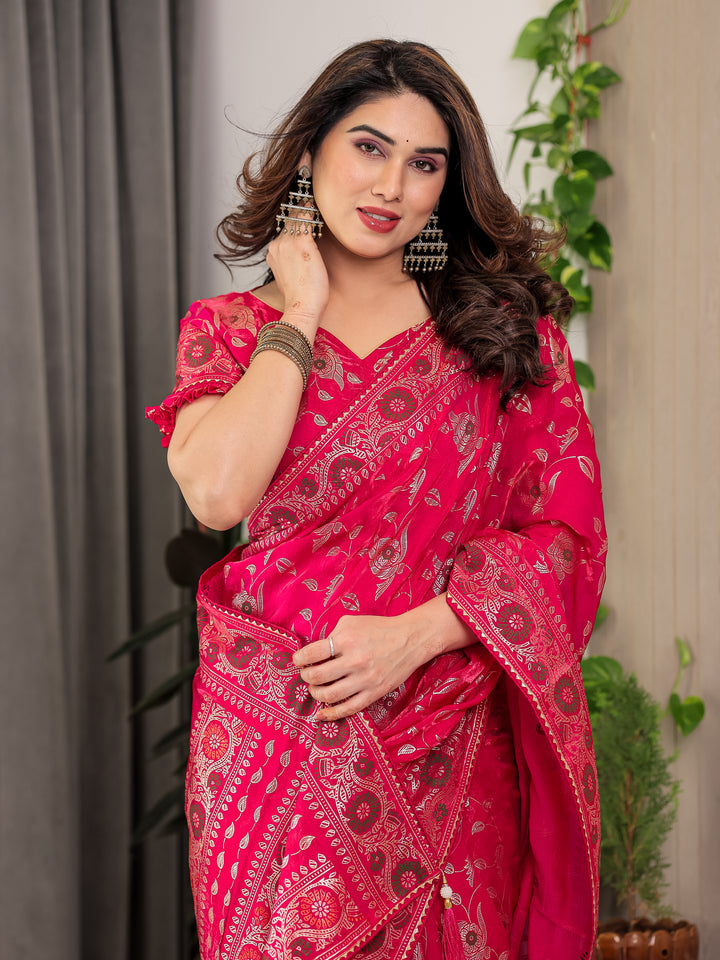 Magenta Pink Fendi Satin Floral Block & Foil Printed Saree with Ornamental Border, Tassel Edges & Attached Blouse