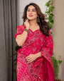 Magenta Pink Fendi Satin Floral Block & Foil Printed Saree with Ornamental Border, Tassel Edges & Attached Blouse