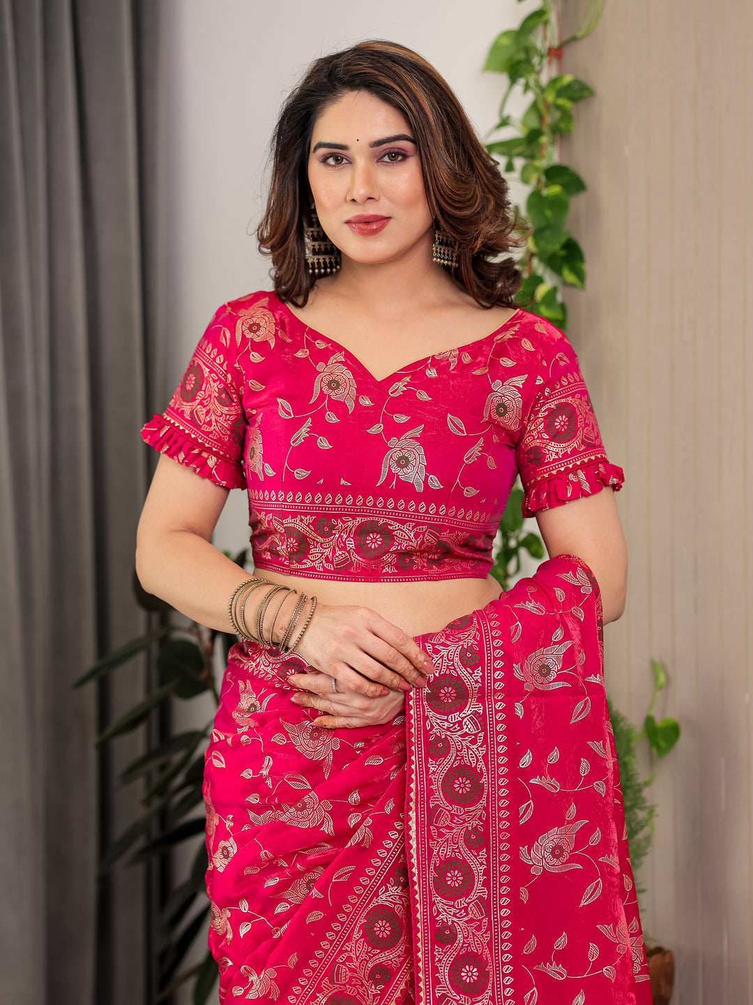 Magenta Pink Fendi Satin Floral Block & Foil Printed Saree with Ornamental Border, Tassel Edges & Attached Blouse