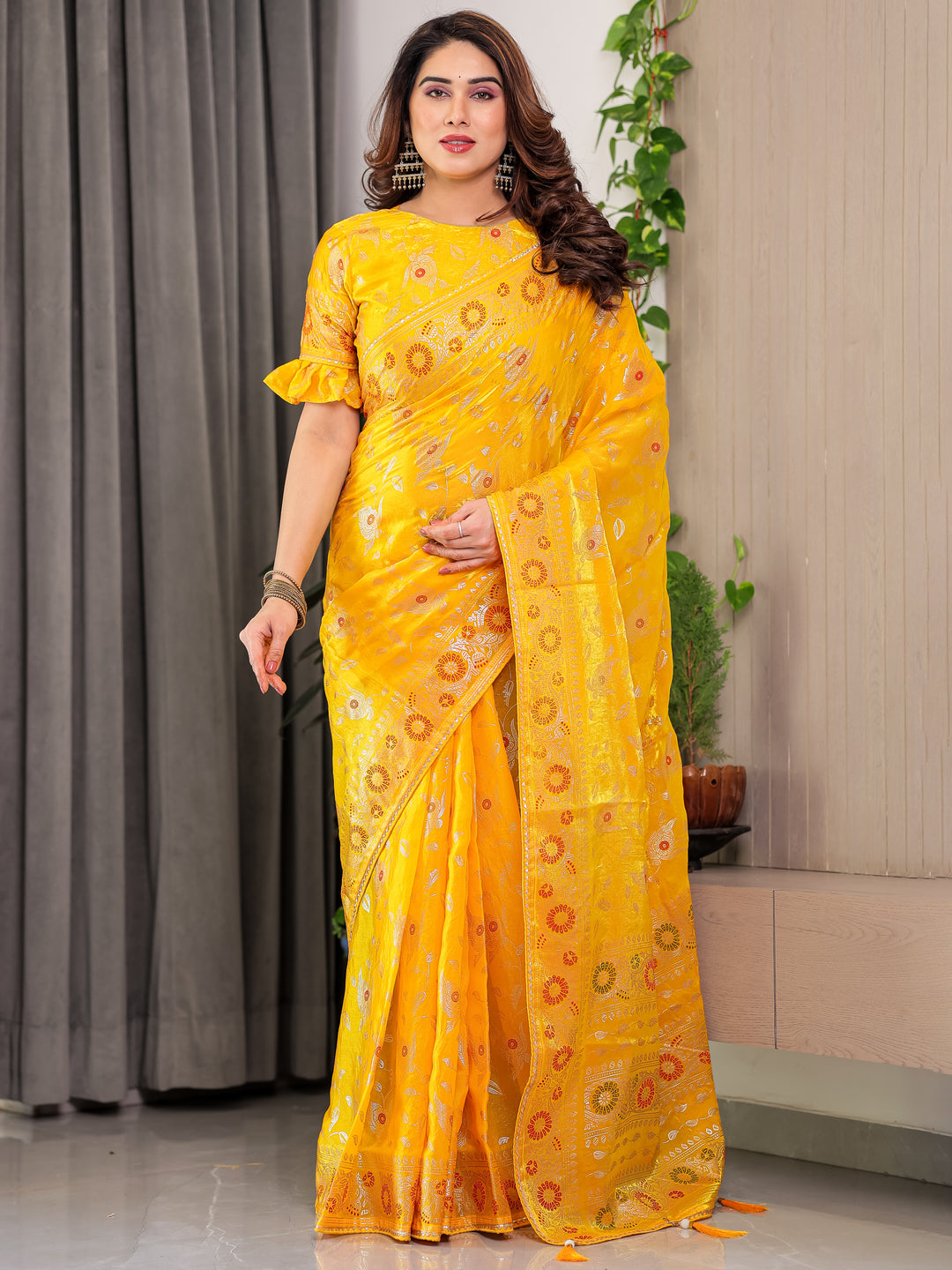 Sunshine Yellow Fendi Satin Floral Block & Foil Printed Saree with Ornamental Border, Tassel Edges & Attached Blouse