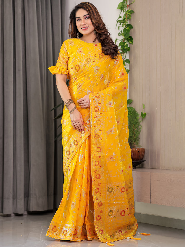 Sunshine Yellow Fendi Satin Floral Block & Foil Printed Saree with Ornamental Border, Tassel Edges & Attached Blouse