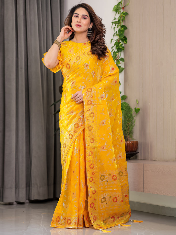 Sunshine Yellow Fendi Satin Floral Block & Foil Printed Saree with Ornamental Border, Tassel Edges & Attached Blouse