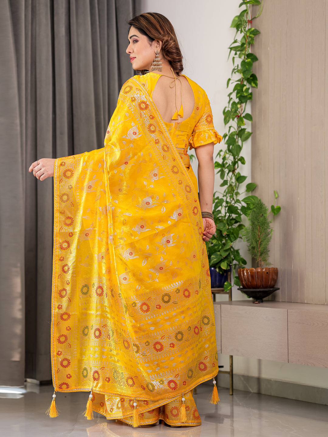 Sunshine Yellow Fendi Satin Floral Block & Foil Printed Saree with Ornamental Border, Tassel Edges & Attached Blouse