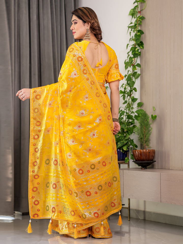 Sunshine Yellow Fendi Satin Floral Block & Foil Printed Saree with Ornamental Border, Tassel Edges & Attached Blouse