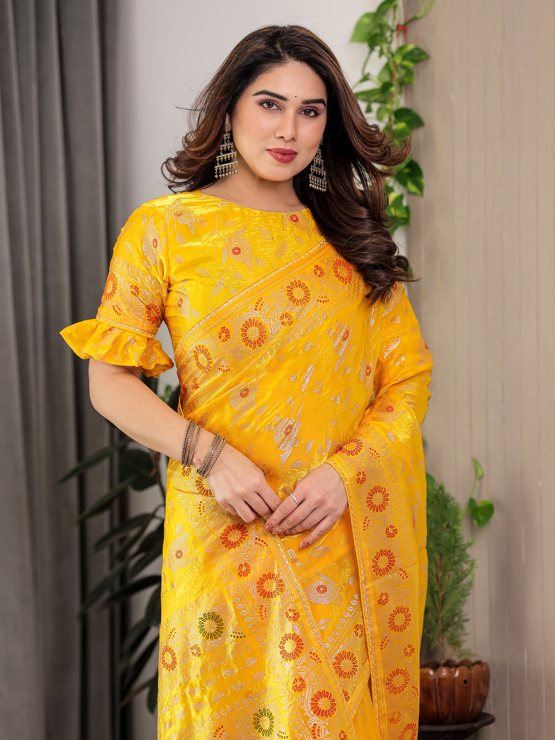 Sunshine Yellow Fendi Satin Floral Block & Foil Printed Saree with Ornamental Border, Tassel Edges & Attached Blouse