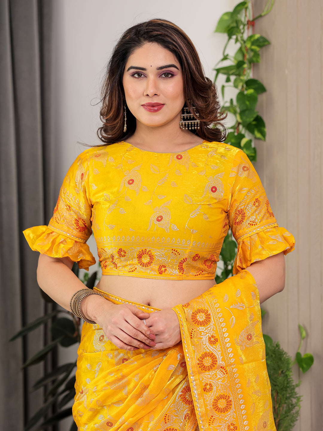 Sunshine Yellow Fendi Satin Floral Block & Foil Printed Saree with Ornamental Border, Tassel Edges & Attached Blouse