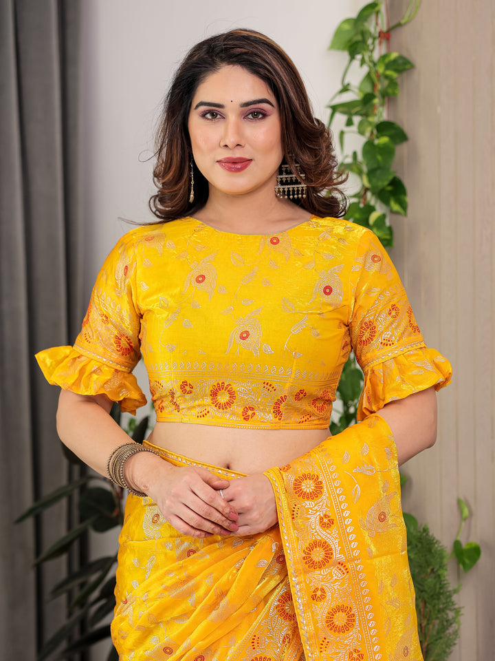 Sunshine Yellow Fendi Satin Floral Block & Foil Printed Saree with Ornamental Border, Tassel Edges & Attached Blouse