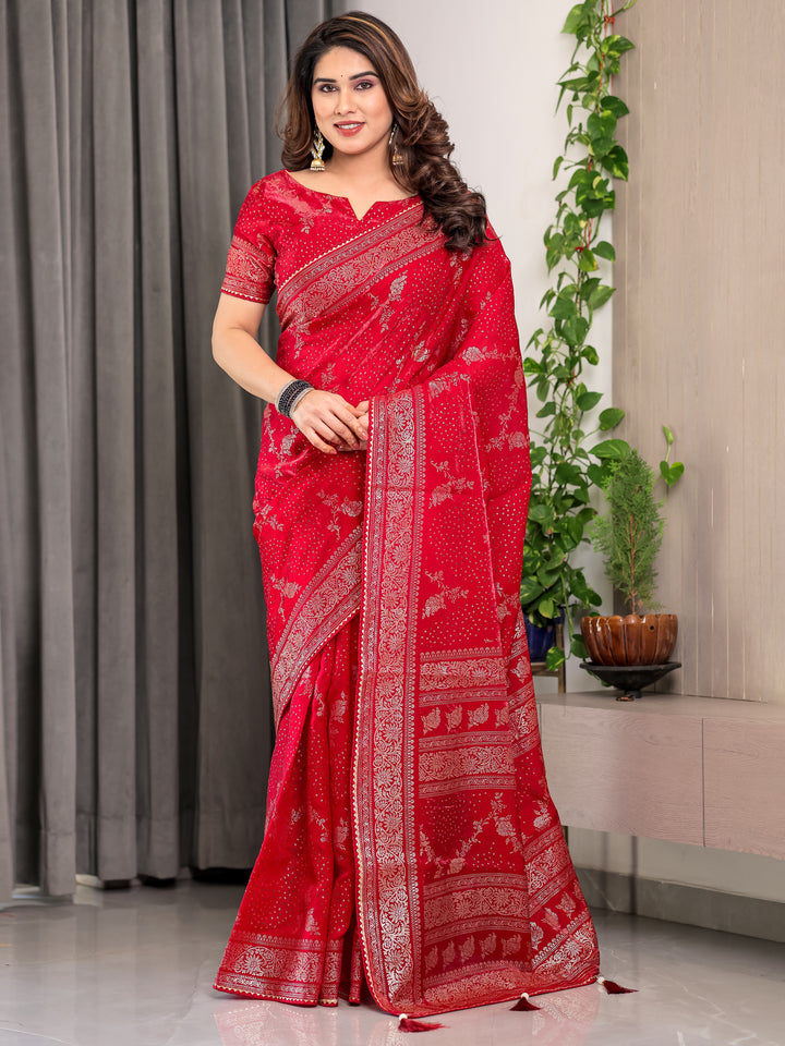 Bridal Red Fendi Satin Floral Block & Foil Printed Saree with Ornamental Border, Tassel Edges & Attached Blouse