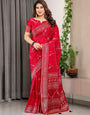 Bridal Red Fendi Satin Floral Block & Foil Printed Saree with Ornamental Border, Tassel Edges & Attached Blouse