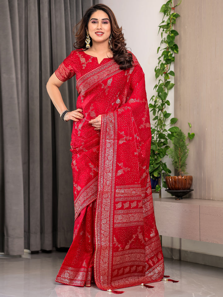 Bridal Red Fendi Satin Floral Block & Foil Printed Saree with Ornamental Border, Tassel Edges & Attached Blouse