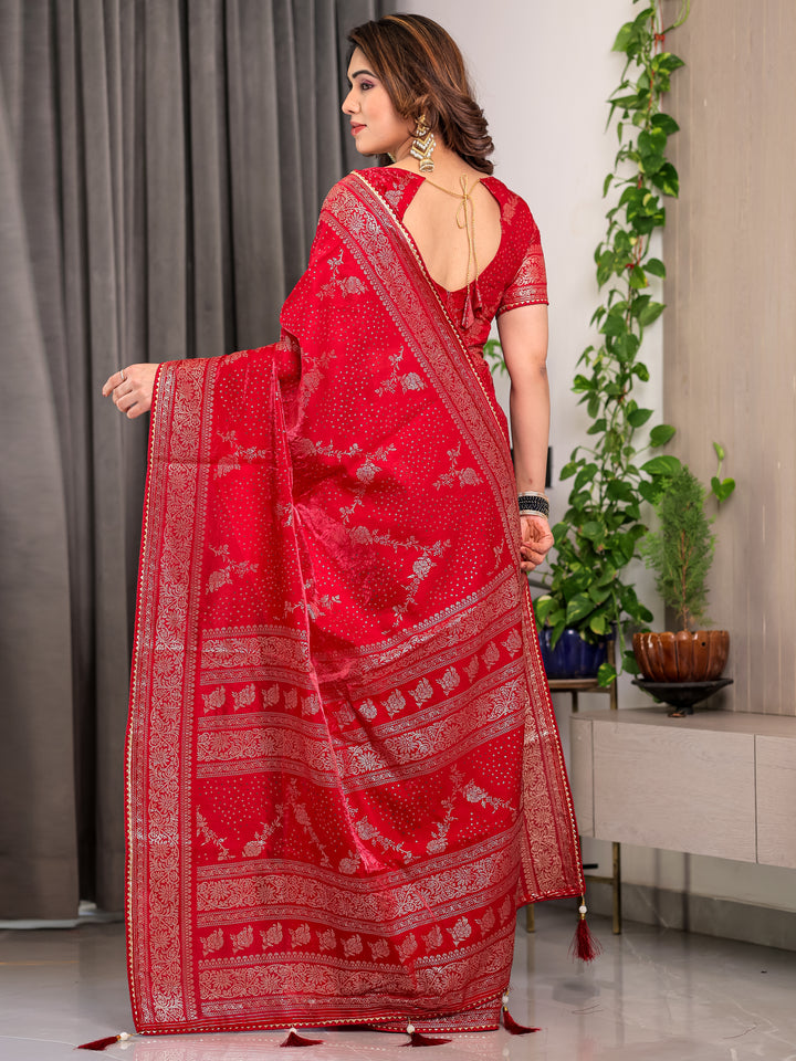 Bridal Red Fendi Satin Floral Block & Foil Printed Saree with Ornamental Border, Tassel Edges & Attached Blouse