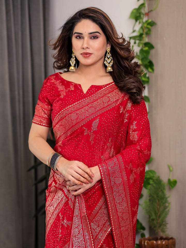 Bridal Red Fendi Satin Floral Block & Foil Printed Saree with Ornamental Border, Tassel Edges & Attached Blouse