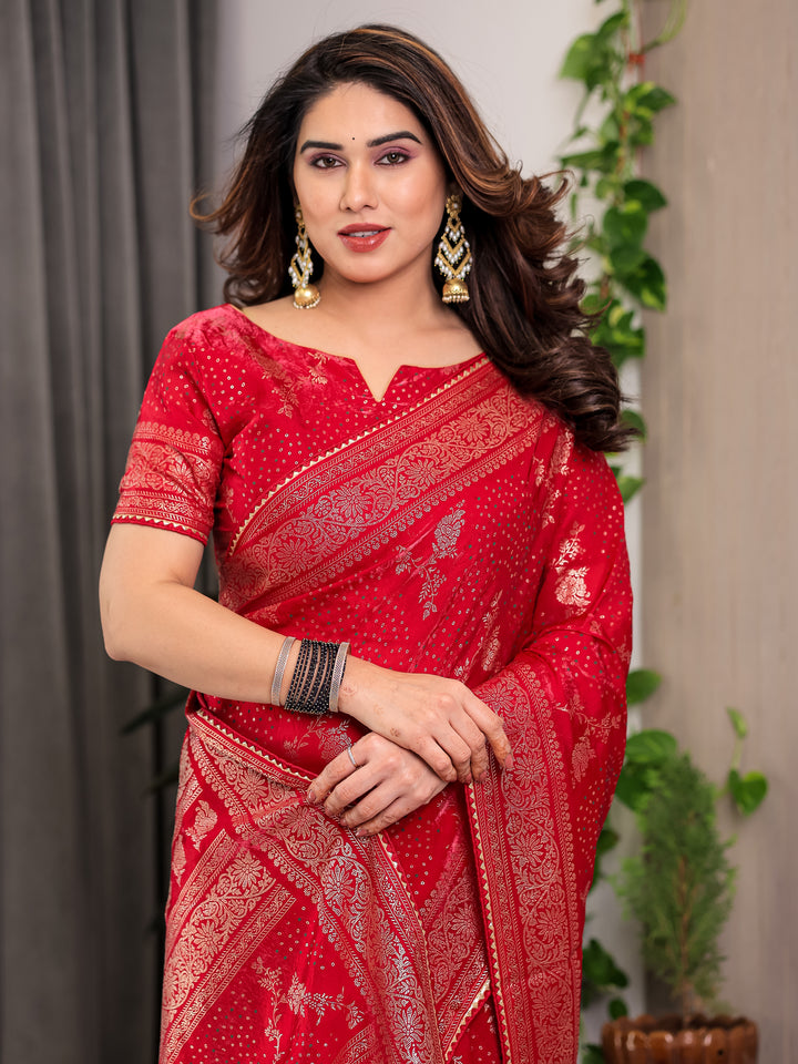 Bridal Red Fendi Satin Floral Block & Foil Printed Saree with Ornamental Border, Tassel Edges & Attached Blouse