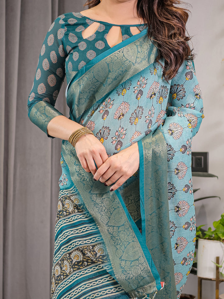 Turquoise Blue Cotton Linen Saree with Peacock Motifs & Zari Border | Floral Pallu | With Blouse
