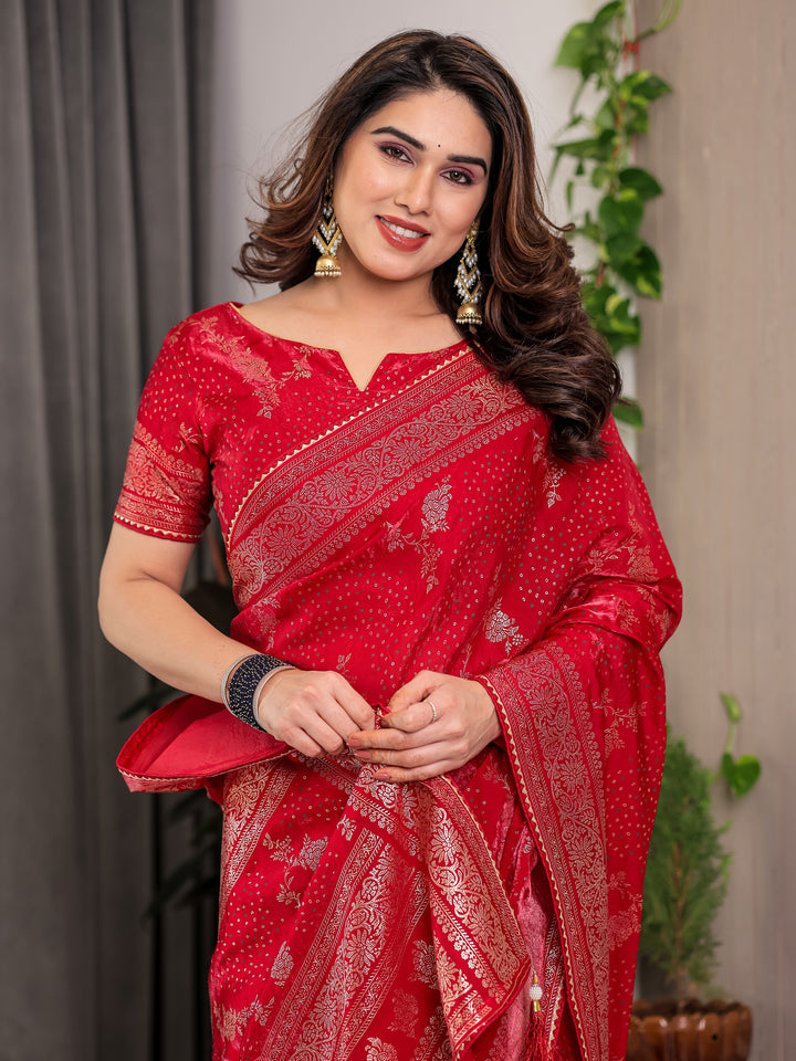 Bridal Red Fendi Satin Floral Block & Foil Printed Saree with Ornamental Border, Tassel Edges & Attached Blouse