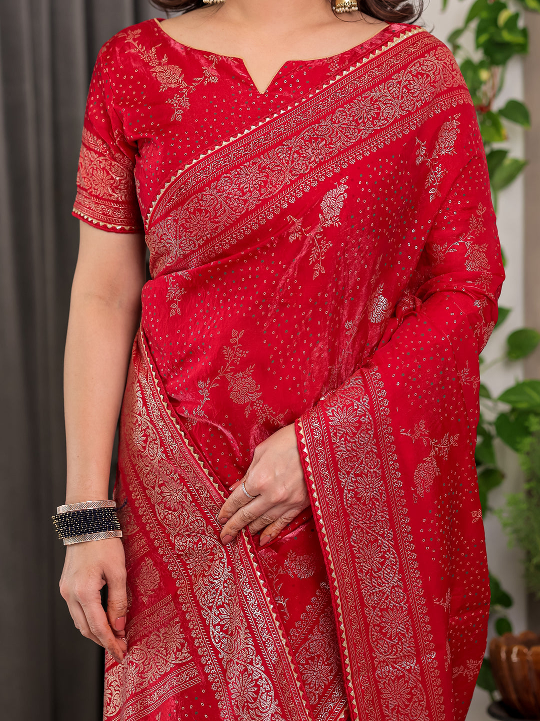 Bridal Red Fendi Satin Floral Block & Foil Printed Saree with Ornamental Border, Tassel Edges & Attached Blouse