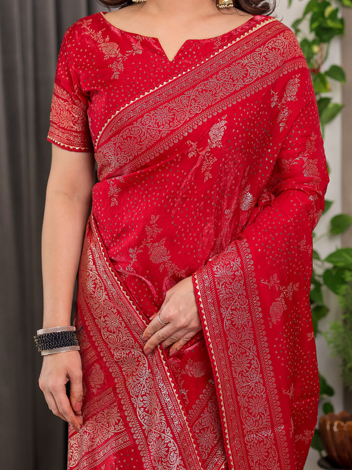 Bridal Red Fendi Satin Floral Block & Foil Printed Saree with Ornamental Border, Tassel Edges & Attached Blouse