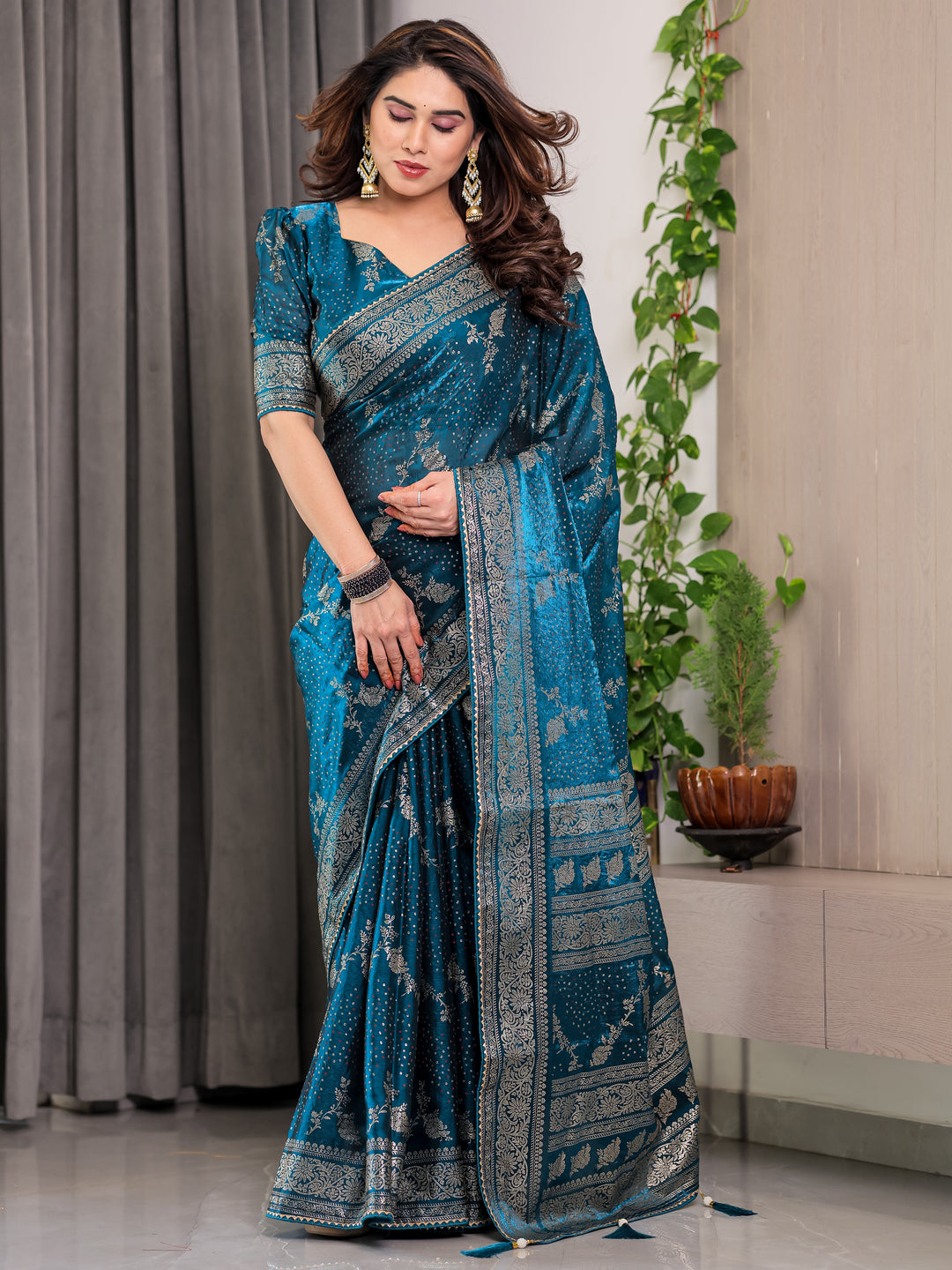 Teal Blue Fendi Satin Floral Block & Foil Printed Saree with Ornamental Border, Tassel Edges & Attached Blouse