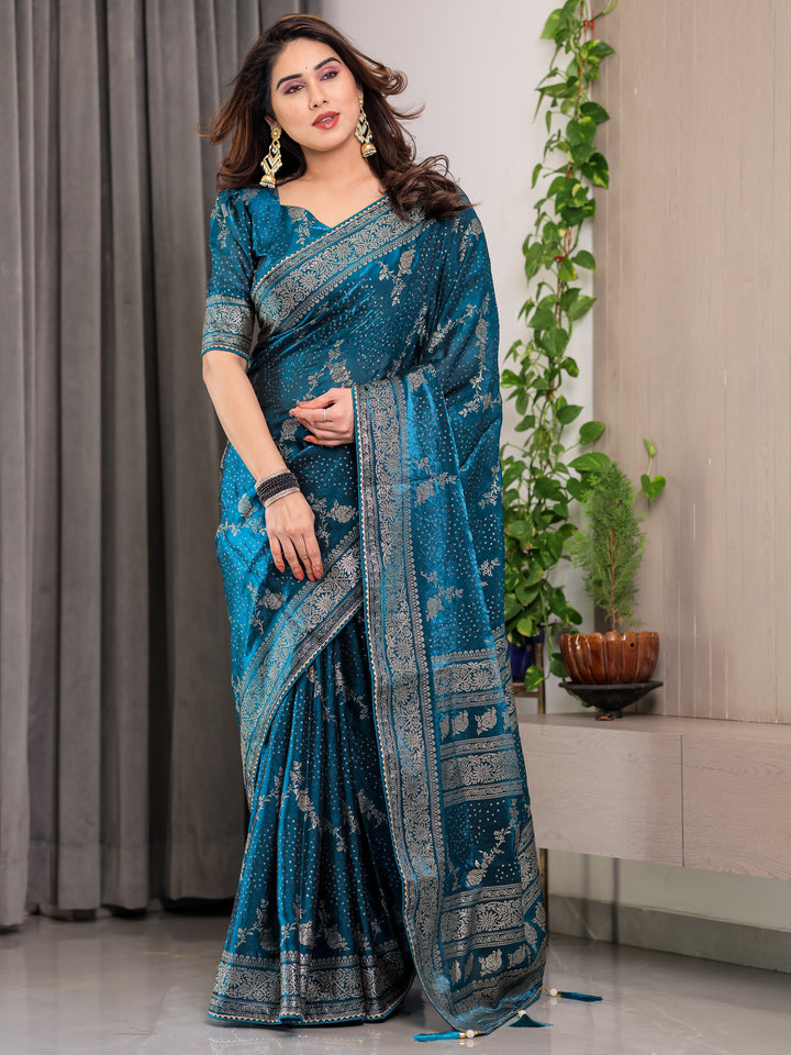 Teal Blue Fendi Satin Floral Block & Foil Printed Saree with Ornamental Border, Tassel Edges & Attached Blouse