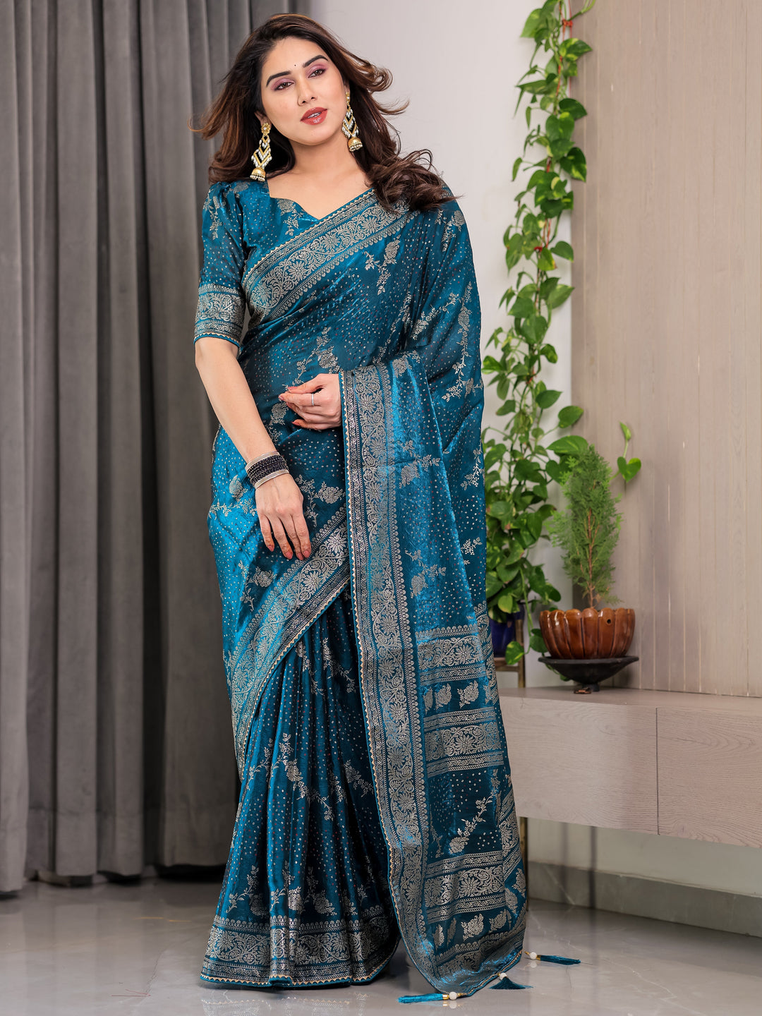Teal Blue Fendi Satin Floral Block & Foil Printed Saree with Ornamental Border, Tassel Edges & Attached Blouse