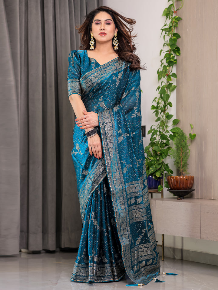 Teal Blue Fendi Satin Floral Block & Foil Printed Saree with Ornamental Border, Tassel Edges & Attached Blouse