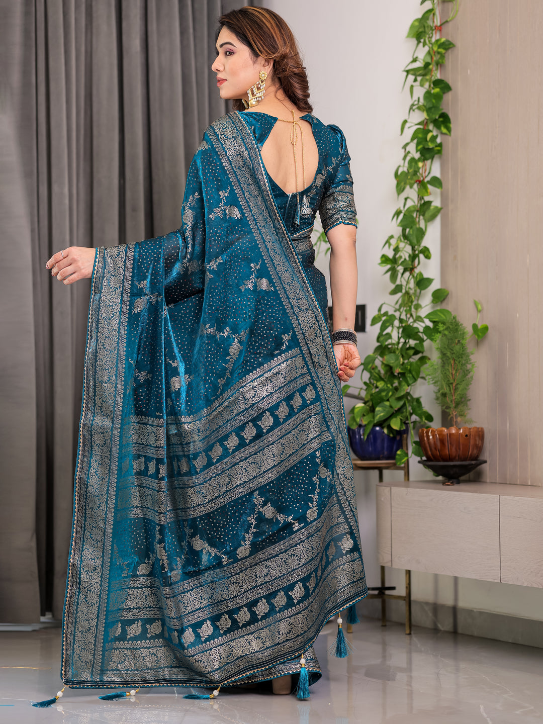 Teal Blue Fendi Satin Floral Block & Foil Printed Saree with Ornamental Border, Tassel Edges & Attached Blouse