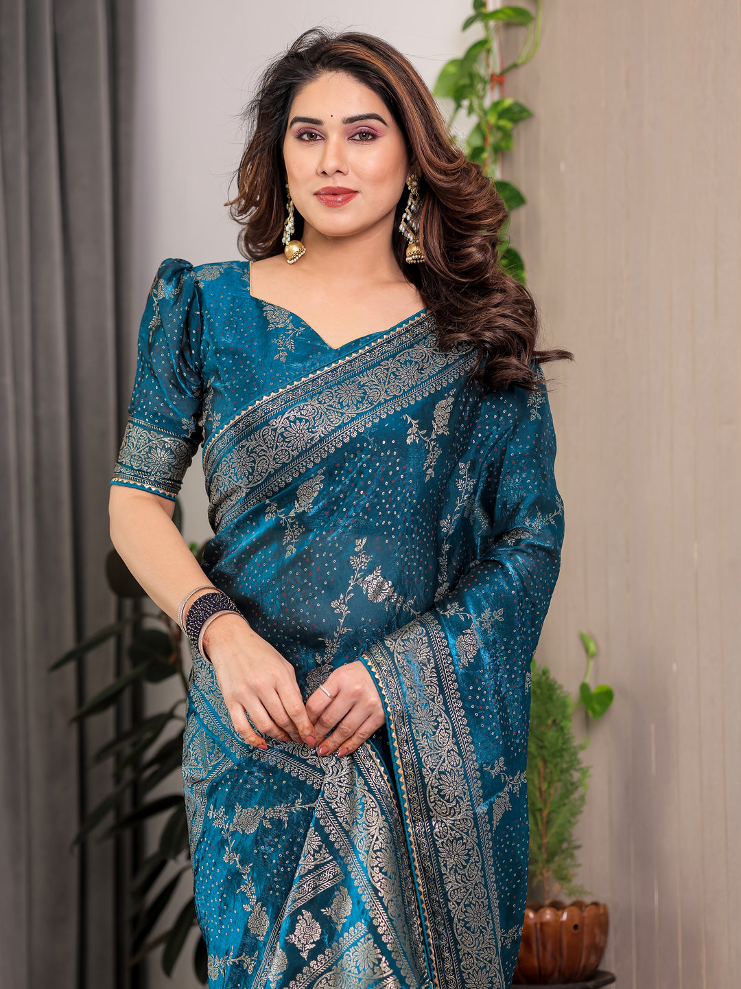 Teal Blue Fendi Satin Floral Block & Foil Printed Saree with Ornamental Border, Tassel Edges & Attached Blouse