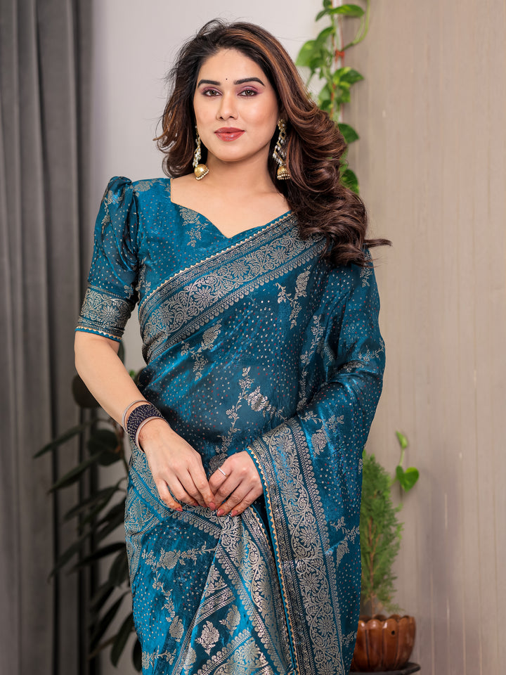 Teal Blue Fendi Satin Floral Block & Foil Printed Saree with Ornamental Border, Tassel Edges & Attached Blouse