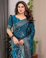 Teal Blue Fendi Satin Floral Block & Foil Printed Saree with Ornamental Border, Tassel Edges & Attached Blouse