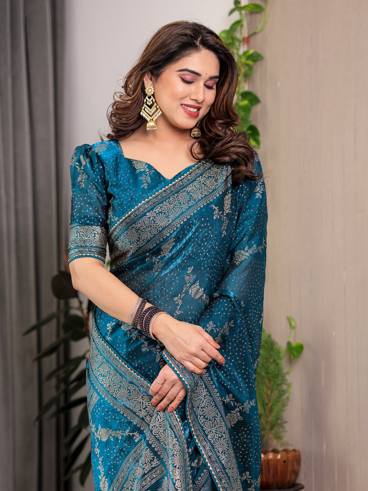 Teal Blue Fendi Satin Floral Block & Foil Printed Saree with Ornamental Border, Tassel Edges & Attached Blouse