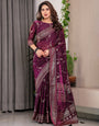 Wine Purple Fendi Satin Floral Block & Foil Printed Saree with Ornamental Border, Tassel Edges & Attached Blouse