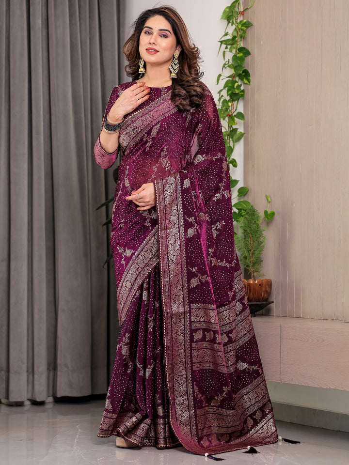 Wine Purple Fendi Satin Floral Block & Foil Printed Saree with Ornamental Border, Tassel Edges & Attached Blouse