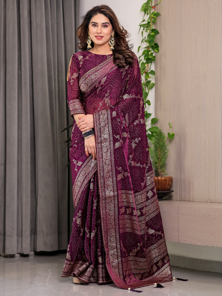 Wine Purple Fendi Satin Floral Block & Foil Printed Saree with Ornamental Border, Tassel Edges & Attached Blouse