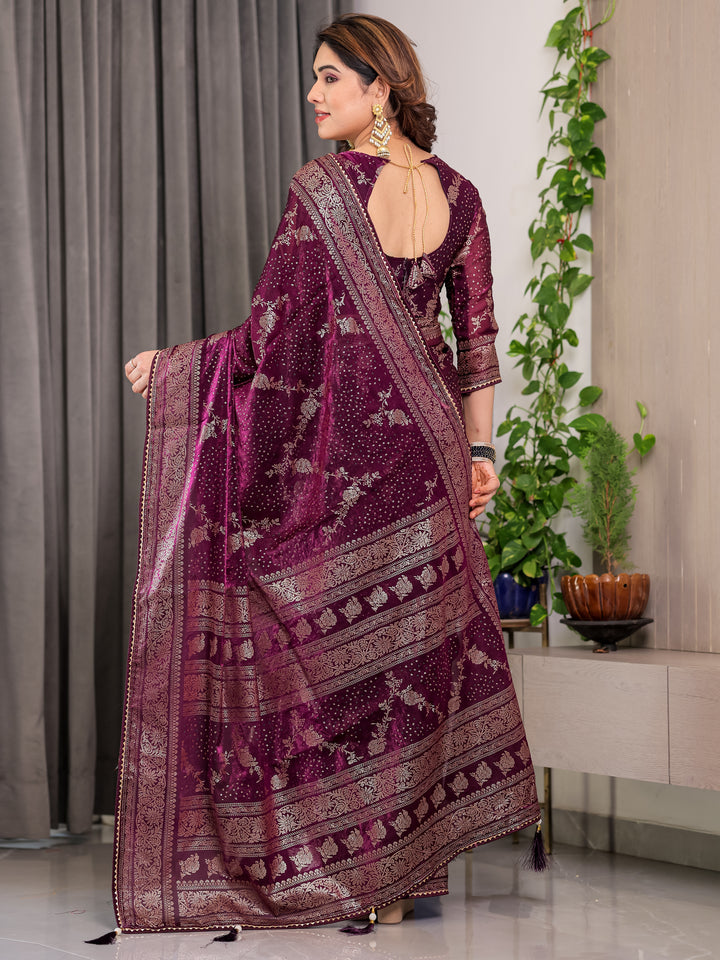 Wine Purple Fendi Satin Floral Block & Foil Printed Saree with Ornamental Border, Tassel Edges & Attached Blouse