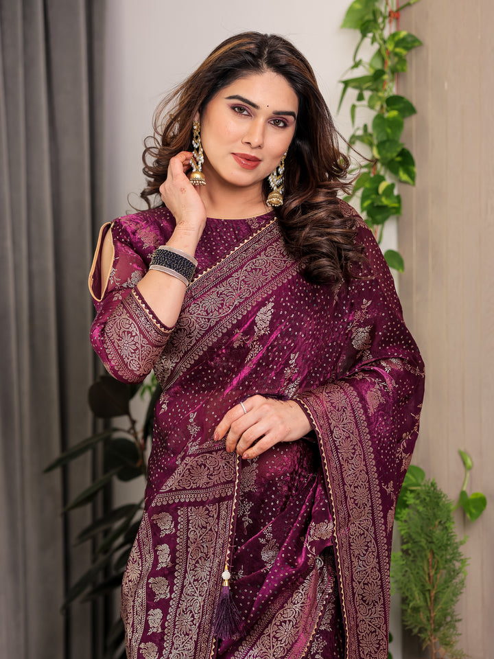 Wine Purple Fendi Satin Floral Block & Foil Printed Saree with Ornamental Border, Tassel Edges & Attached Blouse