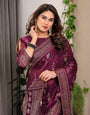 Wine Purple Fendi Satin Floral Block & Foil Printed Saree with Ornamental Border, Tassel Edges & Attached Blouse